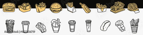 Fast food outline set with burgers fries soda hot dog chicken drumstick ice cream taco minimalist vector icons collection