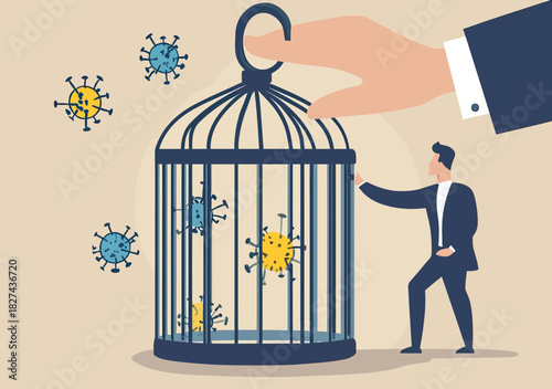Hand unlocking cage with virus particles inside while businessman steps out symbolizing reopening economy after coronavirus lockdown and business restart concept flat vector