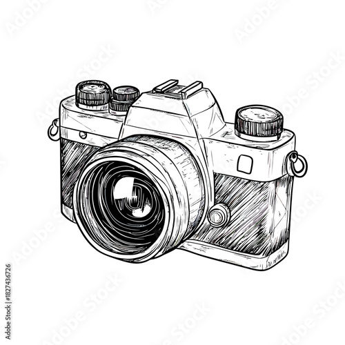 Detailed hand drawn sketch of vintage film camera with large lens and manual controls in black and white vector illustration style