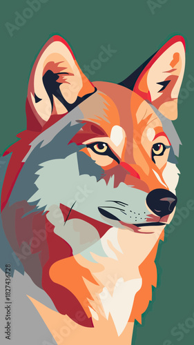 Detailed flat vector illustration of a wolf head portrait with sharp gaze geometric shapes and warm orange, white and gray color palette on green background for wildlife and nature design concepts