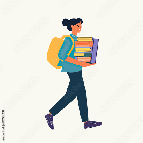 Young woman walking carrying stack of colorful books with yellow backpack in minimalist flat vector style for education and study concept illustration