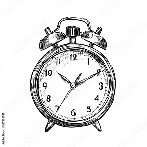 Hand drawn vintage alarm clock sketch with twin bells, analog timepiece illustration in black ink, classic retro style stopwatch with detailed analog dial and clock hands