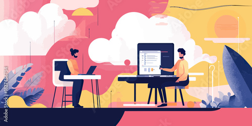Flat minimalist vector illustration of two business people working on laptops with large cloud computing and data storage symbols in colorful modern office environment