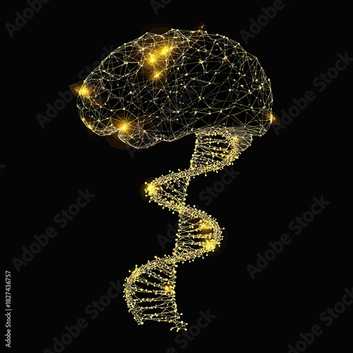 Golden wireframe brain connected to DNA double helix spiral with glowing nodes neural network 3D abstract science technology mesh illustration on black background