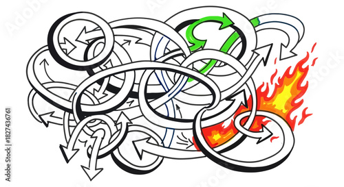 Arrow direction confusion flow green fire tangled path complex route orientation guidance directionality