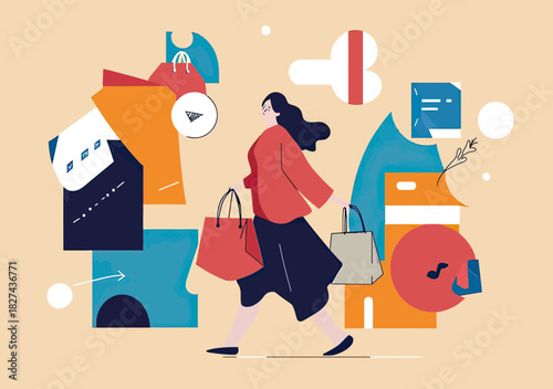 Young woman shopping with multiple bags walking among abstract colorful shapes and icons in flat minimalist vector style for lifestyle and retail concept