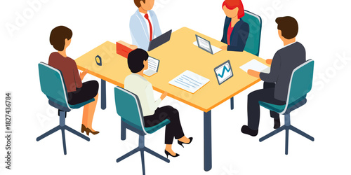 Isometric business team meeting collaborative discussion sitting office chairs digital tablet laptop documents teamwork communication concept flat vector illustration