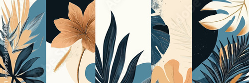 Abstract tropical botanical art with palm leaves and flowers in muted blue, beige, gold, and bronze tones for seamless design and modern background wallpaper
