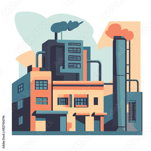 Industrial factory building with smokestacks releasing smoke flat minimalist vector illustration of manufacturing plant in urban environment