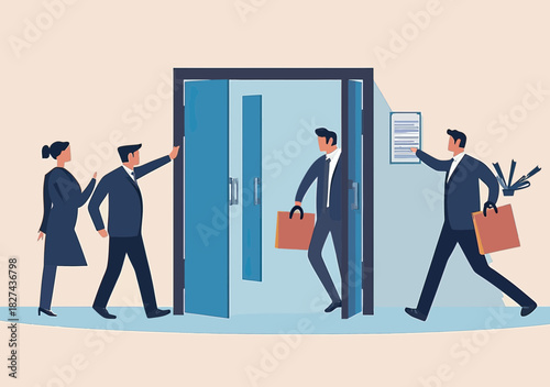 Business professionals entering and exiting office through door with briefcases in staff turnover and workplace transition concept vector illustration