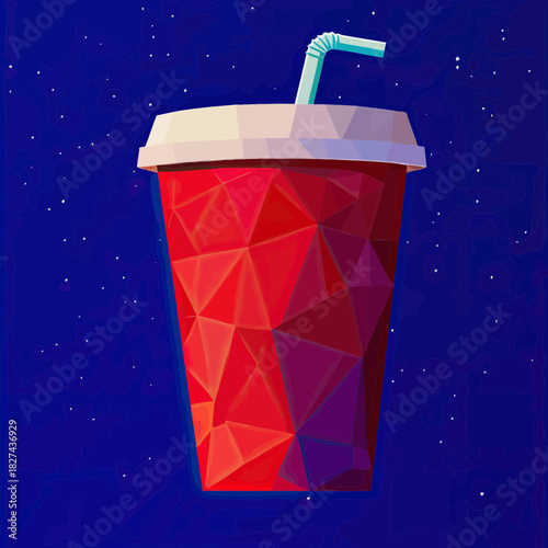 Red polygonal low poly cup with lid and straw against starry space background digital illustration vector art