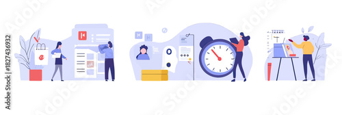 Business people organizing tasks and time management strategy with calendar clock checklist documents teamwork productivity concept flat vector illustration
