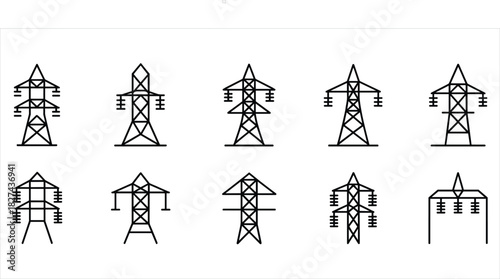 Collection of ten black line art electricity pylons on white background power line tower