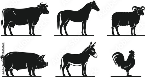 Farm Animal Silhouette Set, Cow Horse Sheep Pig Donkey Rooster Icons, Black Livestock Vector Illustration for Rural Agriculture Design Projects