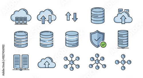 Cloud computing database server network security data storage connection upload download technology icons