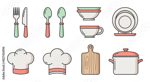 Illustration of kitchenware cooking utensils chef hat knife spoon plate bowl cup pot cutting board tools