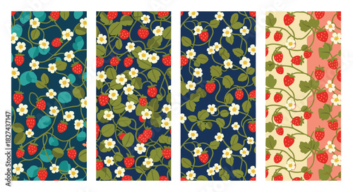 Elegant set of four seamless strawberry patterns with berries, flowers, and leaves in a vintage Arts and Crafts-inspired style.