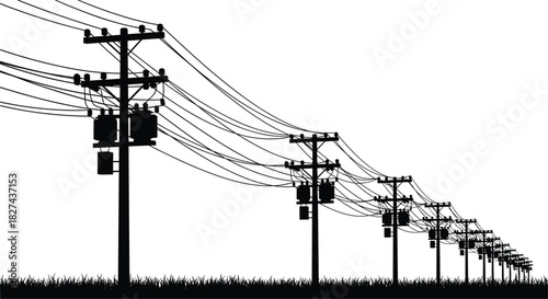 Black silhouette of power poles with transformers and wires against white electricity utility pole