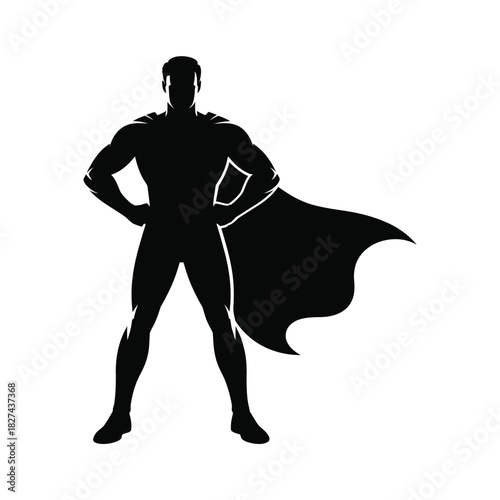 Silhouette of a powerful superhero standing with cape flowing