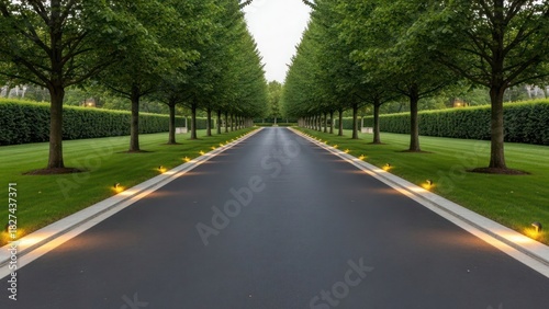 A long, paved driveway lined with trees, leading towards the horizon.