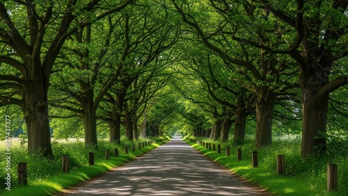 A tree-lined road stretches into the distance, creating a green canopy overhead.