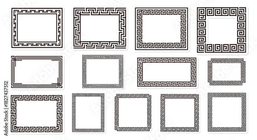 Collection of Greek key pattern frames and borders in various square and rectangular shapes for classic and historical designs.
