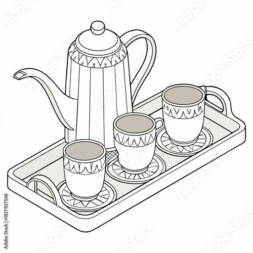 A minimalist line art illustration of a coffee pot and three cups with saucers arranged on a serving tray
