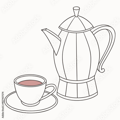 Simple line drawing of a classic moka pot coffee maker and a cup of coffee on a saucer