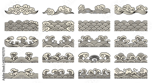 Collection of traditional Japanese and Chinese wave patterns and cloud borders in a classic black and white oriental line art style.