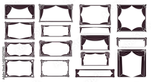 Vintage collection of Art Nouveau and theatrical stage-style frames with elegant curtains and ornate corners for decorative use.