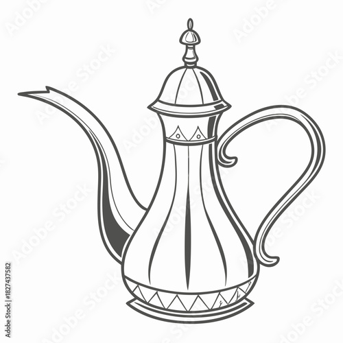 Elegant hand drawn arabic dallah coffee pot illustration with intricate decorative details and a long spout