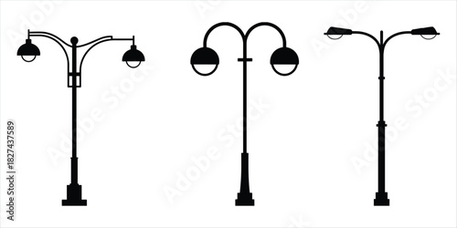 Three black silhouette street lamps on white background lamppost light