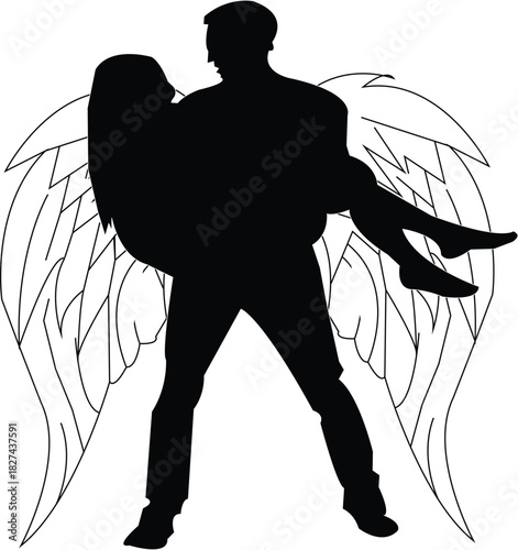 Angel Couple Silhouette with Decorative Wings – Romantic Love Scene