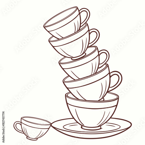 A tall stack of coffee cups and saucers with one cup leaning to the side