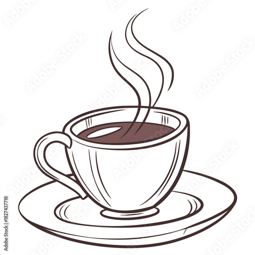 A simple line drawing of a steaming cup of coffee on a saucer with swirling steam rising upwards