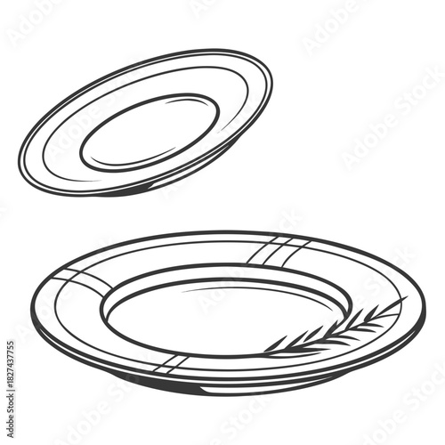Clean line art illustration of two empty plates one floating above the other on a white background