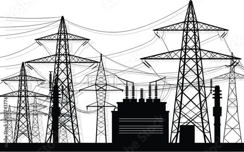 Black and white illustration of multiple power line towers and electrical transformer power lines
