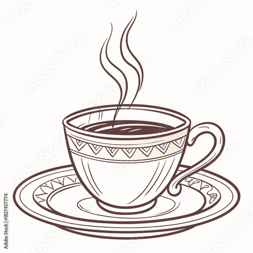 Stylized illustration of a steaming cup of coffee on a decorative saucer with a simple line art design and warm beverage