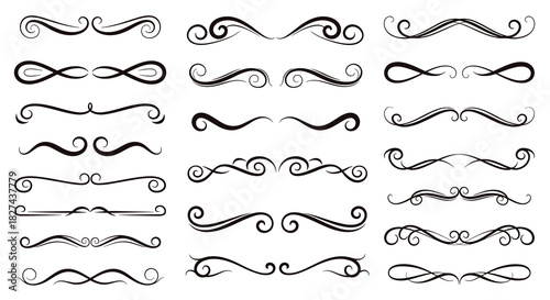 Set of elegant calligraphic swirls, flourishes, and dividers in a vintage hand-drawn style for decorative text and ornaments.