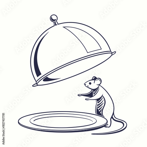 Whimsical cartoon mouse peeking under a silver cloche revealing an empty plate in a playful illustration