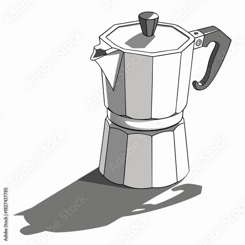 Classic italian moka pot coffee maker with a distinctive shadow on a white background