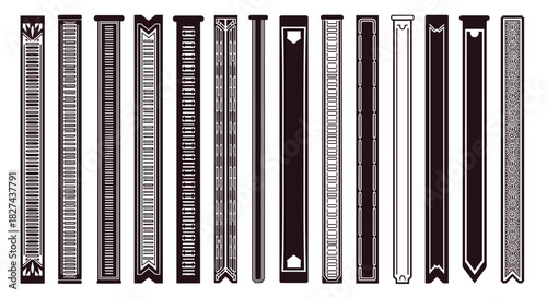 Set of vertical dividers, borders, and decorative lines in various classic, modern, and ornamental black and white designs.