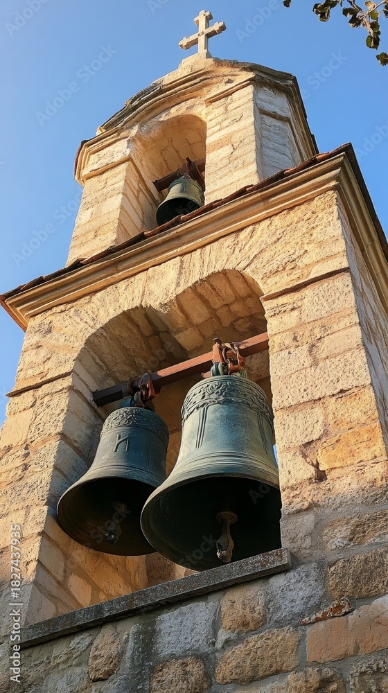 Obraz premium Church bell tower with cross reaching blue sky