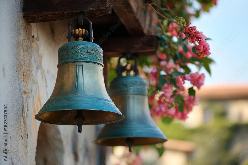 Obraz premium Bronze mission bells hanging on wooden beam