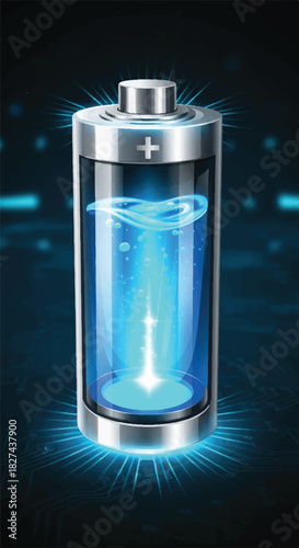 Futuristic High-Tech Battery Illustration Showing Blue Energy Core and Sleek Cylindrical Design.