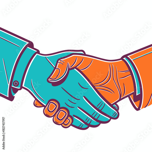 Two stylized hands in teal and orange shake firmly in a symbol of agreement and partnership
