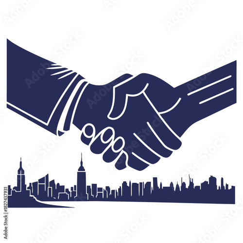 Symbolic handshake of agreement and partnership over a stylized new york city skyline silhouette