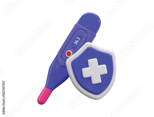 Thermometer with shield medical symbol icon 3d render concept of temperature measure for secure safety protection icon vector illustration