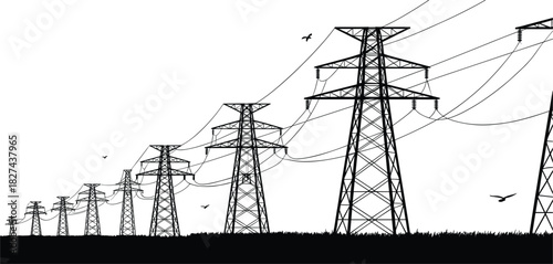 Black silhouette of power line towers and birds against white sky electricity pylon
