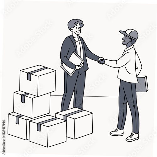 Two men shaking hands in front of a stack of cardboard boxes symbolizing a successful business deal or delivery completion